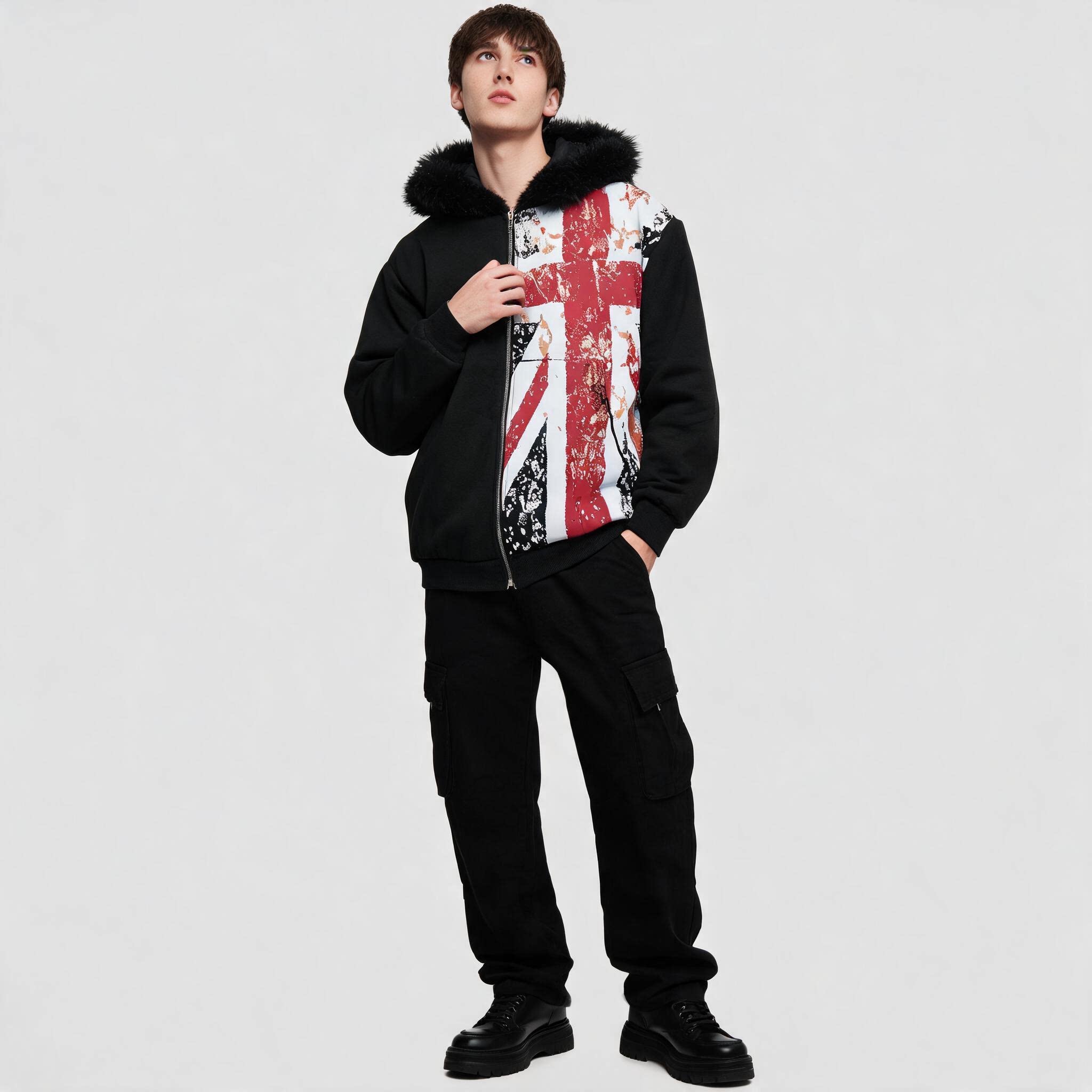 Winter Clothing Uk - Vintage UK-Flaggen-Print Kapuzenjacke mit Reißverschluss, Pelzkragen,